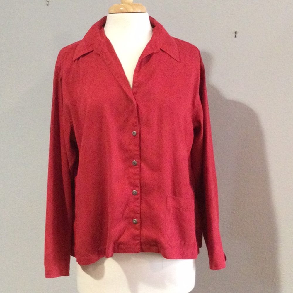 Chico's Red Long Sleeve, Button Front, 100% Polyester Suedecloth Top Sz 3